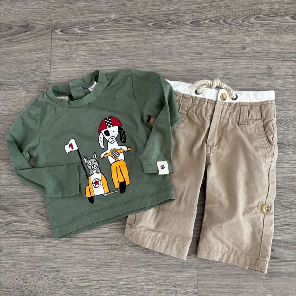 Janie and Jack Sz. 3-6M Zip Front Khaki Pants w/Roll-Up Option & Graphic Tee LN